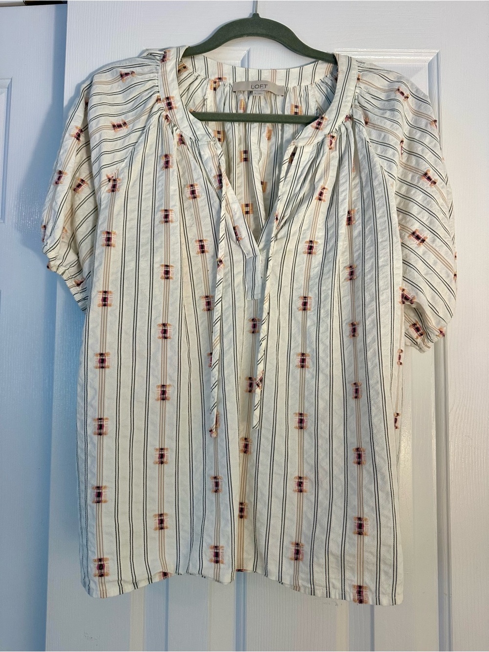 LOFT Cream Striped Embroidered Peasant Blouse